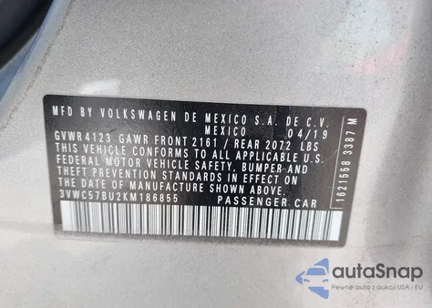 2019 Volkswagen Jetta 1.4T R-Line/1.4T S/1.4T Se z USA, uszkodzony, nr VIN 3VWC57BU2KM186855